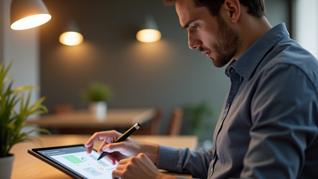 Designer che lavora su tablet con stylus, progettando componenti di interfaccia su uno schermo luminoso