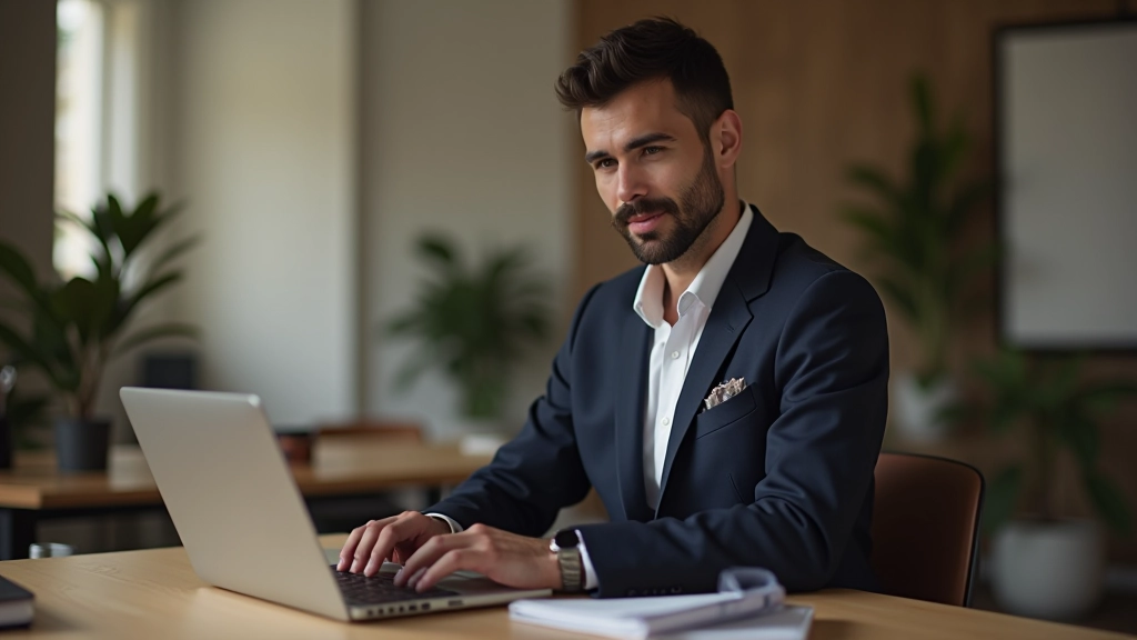 Designer che lavora su un progetto Webflow con laptop in uno studio moderno