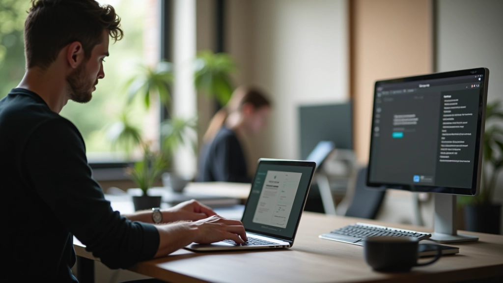 Designer che lavora su un progetto web con laptop e tablet su una scrivania moderna