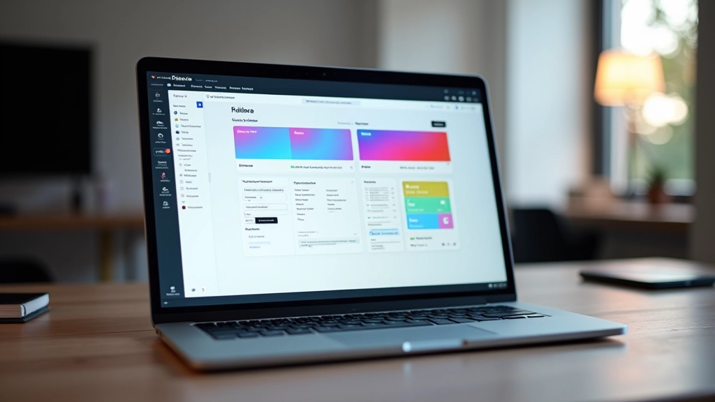 Schermo di un computer con Figma aperto, mostrando un design system organizzato con componenti ordinati in righe, palette di colori visibile a sinistra