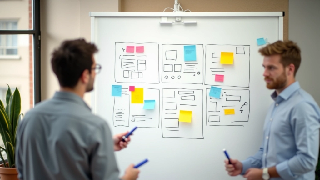 Lavagna bianca con sketches di componenti UI, post-it colorati con note, pennarelli disseminati, vista dall'alto di un tavolo di brainstorming