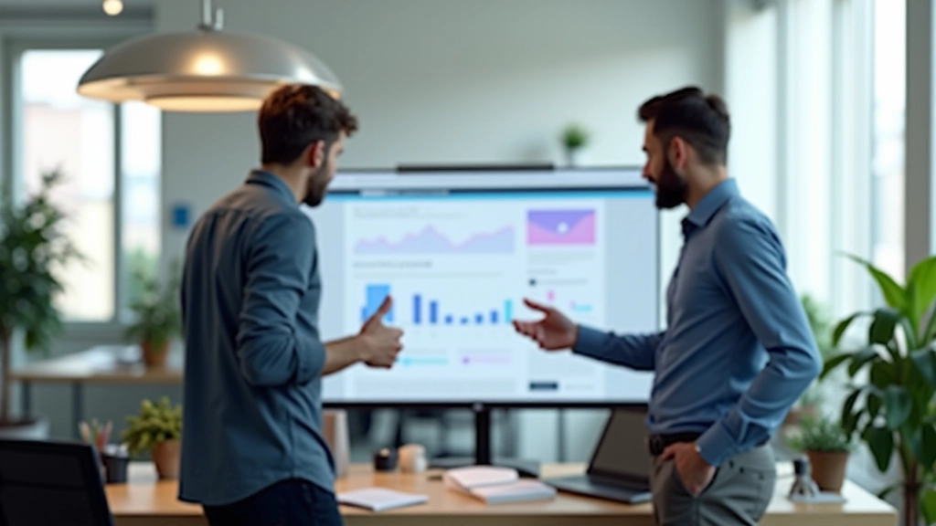 Persona che gesticola mentre spiega un concetto davanti a un schermo con prototipo Webflow, ambiente collaborativo, persone sedute intorno a un tavolo