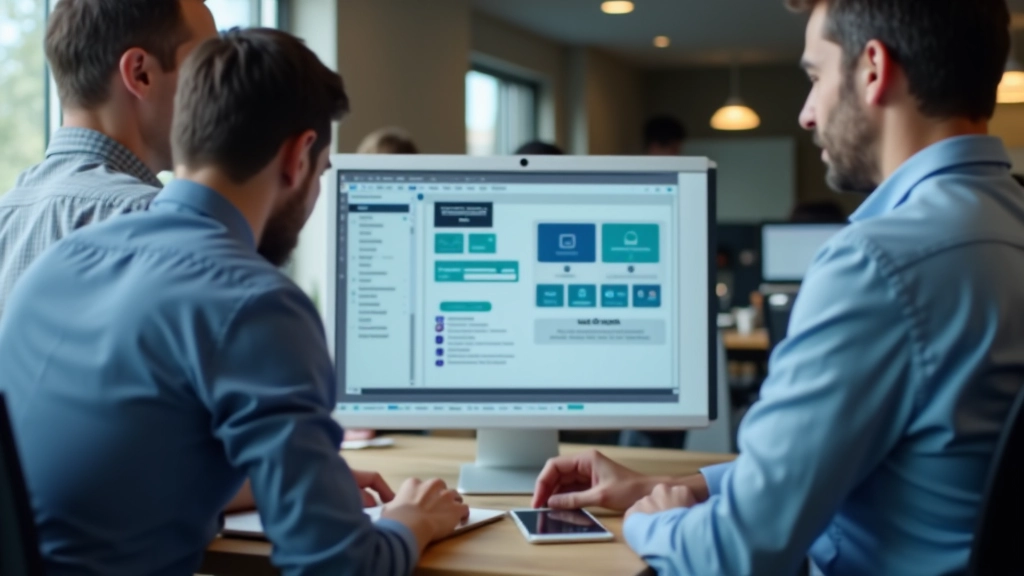 Due persone in una riunione che guardano uno schermo condiviso con versioni diverse di un design system, discussione collaborativa in ufficio luminoso