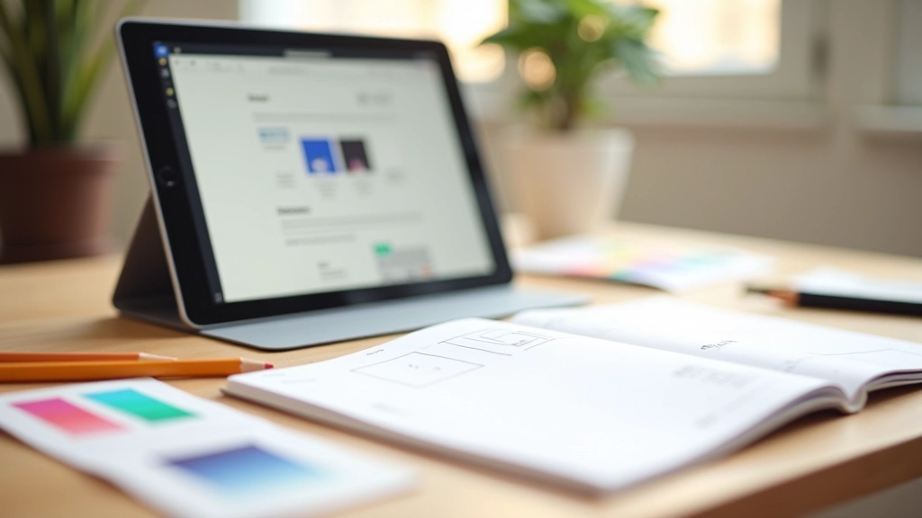 Tavolo di lavoro con tablet, matita e schizzi di wireframe per il design